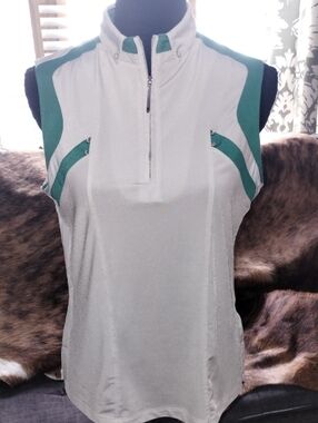 jamie sadock White and Green Sleeveless Zip-Front Athletic Shirt